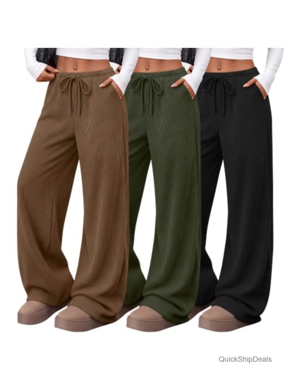 Women's Corduroy Straight Leg Casual Pants Drawstring 3 Pack